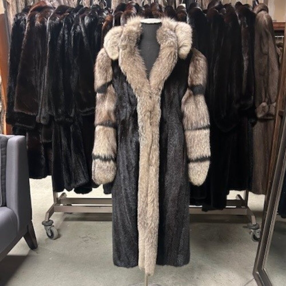 BLACK MINK W/ INDIGO FOX CAPUCHON, TUXEDO & SLEEVES! WAS 6995, NOW $1895 SIZE L